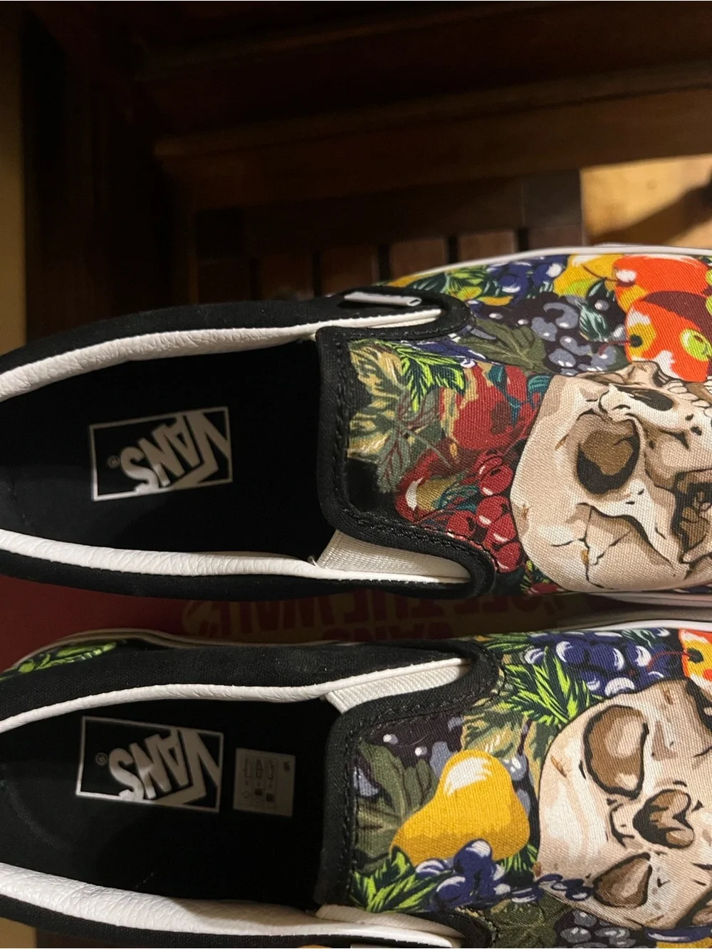 Unique Vans Black Canvas Slip-On with Colorful Skull & Fruit Print